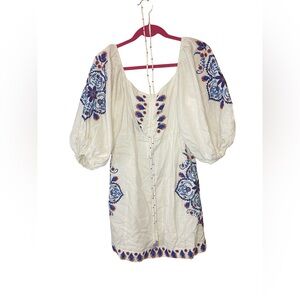 FARM Rio White Embroidered Puff Sleeve Mini Dress Boho Embellished Medium